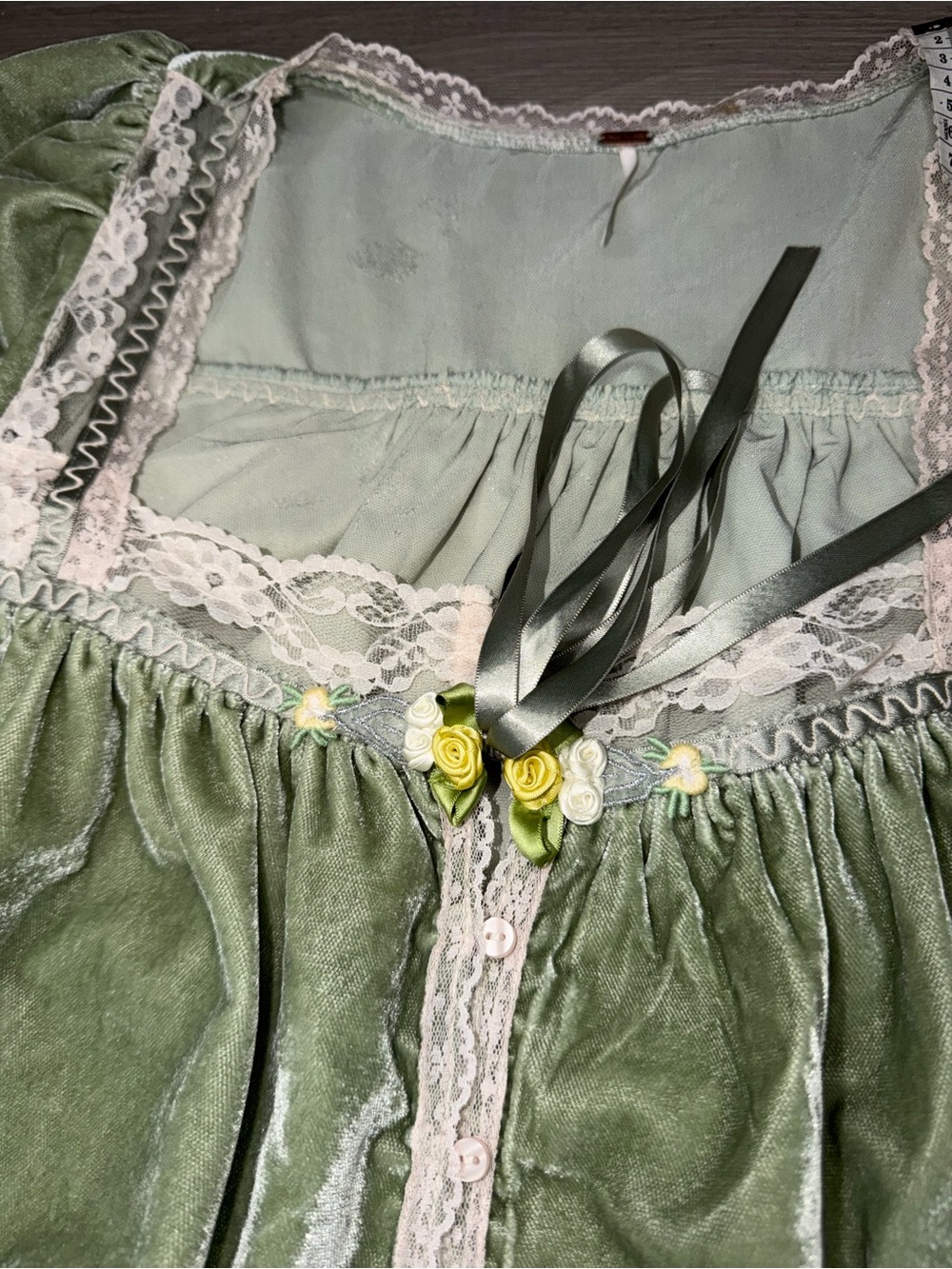 Free People Sage Green Velvet Blouse with Lace Trim - Picture 14 of 16